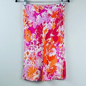 Express Pink Orange Floral Satin Midi Skirt Small